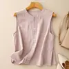 Chaleco de algodón y lino de tamaño pequeño, un chaleco tipo camisa elegante e inspirado en lo vintage para mujer, perfecto para el verano, con corte holgado y un look juvenil, y es sin mangas