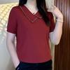 Moda Nova Primavera e Outono 2025 Blusa Curta de Tricô com Lapela e Strass Manga Curta Slim Fit Emagrecedora Camiseta Feminina Cor Sólida Feminina