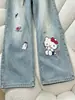 ChaoLi tiene en stock jeans bordados de gatito para mujer, pantalones de pierna ancha hasta el suelo de diseño holgado de cintura alta para otoño