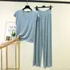 Conjunto de pijama de toque fresco para primavera e verão, camiseta redonda plus size e calça pantalona de duas peças, conjunto de casa feminino em modal adequado para sair