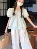 Top babydoll juvenil holgado con volantes, nueva moda de verano para mujer, estilo dulce coreano, camisa con mangas abullonadas tie-dye, moderno