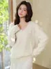 Gang Mi Apparel / Suéter de Lana sin Costuras Cuello Redondo Manga Corta Cepillada para Mujer Primavera Otoño Holgado Perezoso Suave