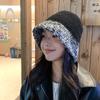 Gorro de punto retro japonés para mujer, otoño e invierno, cálido, de lana, para cabeza grande, rojo Sena, tipo cubo, sombrero de pescador delgado