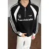 Sudadera tipo polo con media cremallera estilo americano para hombre con estampado de patchwork de tres rayas en contraste, corte holgado, deportiva, manga larga