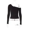 Camiseta Feminina Renda Francesa Picante Manga Longa Mulheres 2026 Outono Nova Moda Slim Fit Gola Assimétrica Top Mulheres Atacado