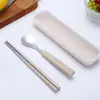 Juego de Cubiertos Cuadrados de Paja de Trigo con Mango de Acero Inoxidable, Tenedor, Cuchara y Palillos, Juego de Cubiertos Portátil para Viajes al Aire Libre