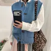 Chaleco de Punto con Cuello Redondo y Botones de Cuerno con Borde Rizado para Mujer, Nuevo Otoño Holgado con Capas Chaleco de Punto Grueso