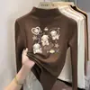 Camiseta infantil estilosa de fleece dupla face, gola alta discreta, top casual de manga longa, blusa de base escovada para outono e inverno infantil, novo estilo