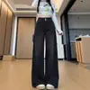 Jeans rectos negros y grises para mujer, nueva colección de otoño, talla grande, diseño de doble botón, cintura alta chic, adelgazantes, corte holgado y estilo de pierna ancha fluido