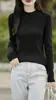 Camiseta Casual de Algodão Puro com Gola Alta Meia-Boca e Listra Vertical Texturizada, Top Solto e Versátil para Primavera e Outono, Atacado