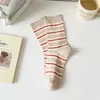 Meias de algodão da moda com bordado de desenho animado, cano médio, costura dupla, meias femininas listradas verticalmente na cor café, frescas e versáteis, adequadas para primavera, outono e inverno, meias estilo coreano