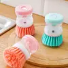 Pote com Dispenser de Líquido e Escova, Escova de Lavar Louça Automática Tipo Pressão com Dispenser de Líquido, Escova de Limpeza Multifuncional para Remoção de Manchas, Escova Multifuncional para Panelas
