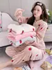 Pijama feminino outono e inverno forrado com fleece espessado coral fleece quente traje de base estudante base quente roupa de casa pode ser usado fora