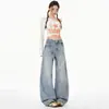 Jeans Vintage Lavados Azul Claro de Pierna Ancha para Mujer, Pantalones Acampanados Rectos Holgados de Tiro Bajo Nuevos para Otoño, Invierno y Primavera