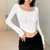 # SENCEE# Chaqueta europea y americana ins suave retro de onda de agua con cuello cuadrado, básica corta ajustada de manga larga para mujer