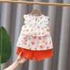 Traje de verano para niñas Verano Nuevo Lindo Calle Fried Estampado completo Chaleco con corbata corta Pantalones cortos Traje Lindo