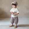 Ropa de verano para bebé niño conjunto de algodón y lino de manga corta estilo coreano pantalones cortos cropped de secado rápido para bebé conjunto de dos piezas para un año 1