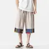 Shorts Masculino de Verão Novos Estampados Color Block Três Quartos Estilo Chinês Casual Jovem Retro Soltos de Algodão e Linho Calças Retas