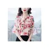 Blusa de Chiffon Floral para Mulheres 2025 Verão Nova Moda Elegante Top de Manga Sino Blusa Super Delicada com Laço