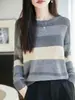 Suéter de Punto a Rayas con Bloques de Color Estilo Coreano para Mujer, Cuello Redondo Holgado Adelgazante de Moda, Capa Base para Suéter de Otoño/Invierno