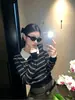 HAMYIH Camisa Polo de Punto de Lana a Rayas de Bloques de Color para Mujer Estilo Coreano Manga Larga Capa Base Outfit