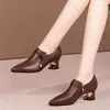 2026 Primavera e Outono Novo Bico Fino Salto Bloco Boca Profunda Salto Alto Couro Macio Antiderrapante Zíper Lateral Moda Feminina Sapatos Individuais