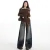 Jeans Laranja Juvenil # Estilo Retrô de Hong Kong Lavado Tendência Wide Leg para Mulheres, Modelagem Solta, Emagrecedor, Fashion, Único, Versátil, Calças de Comprimento Total