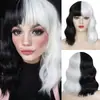 Peruca Cosplay Feminina Amazon Preto e Branco Bruxa Cruella Cabelo Curto Cacheado Fabricante Atacado Halloween