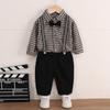Roupas infantis meninos outono terno casual bebê primavera e outono roupas xadrez alça manga longa conjunto de duas peças fabricantes atacado