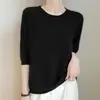 Suéter de tricô feminino transfronteiriço com gola redonda, novo estilo outono e inverno 2026, design vazado, mangas de três quartos, blusa básica pulôver solta, suéter fino