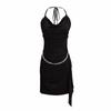 Vestido Feminino Verão 2024 Estilo Spice Girl Doce Puro Gola Swing com Correntes Decoração na Cintura Saia Elegante Sexy