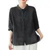 Estilo novo de verão, camisa top casual simples de algodão e linho com bordado pesado, gola polo fina, modelagem solta, vestuário feminino