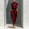 Transfronterizo europeo y americano 2026 Amazon Y2 moda femenina elegante top de color liso con cuello alto y pantalones de barril de cintura alta conjunto de dos piezas