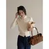 Cardigan de Tricô Damasco Yin He com Gola Meia-Alta para Mulheres Outono Cor Sólida Temperamento Slim Fit Cintura Marcada Top Elegante de Manga Longa