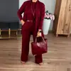 Estación Independiente Transfronteriza Europea y Americana 2025 Conjunto de 3 Piezas para Mujer: Top de Color Sólido con Cuello Redondo y Mangas Largas con Cinturón y Pantalones Cómodos