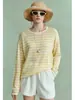 26 Camisa de Lino y Tencel para Mujer, Estilo Perezoso Rayas Bloques de Color, Protección Solar para Principios de Otoño, Top Holgado de Cuello Redondo 1513 Siyuan