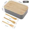 Lonchera Estilo Japonés de Paja de Trigo con Tapa de Madera Portátil Cuchillo, Tenedor y Cuchara de Bambú Lonchera Térmica Caja de Plástico para Estudiantes y Empleados de Oficina
