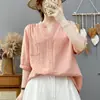 Camisa de Gasa de Algodón de Doble Capa con Cuello en V y Mangas Cortas para Mujer en Verano, Holgada y Versátil, Suave, Apta para la Piel, Transpirable, Absorbente de Sudor, Top 100% Algodón Puro