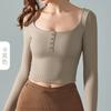 Europeu e Americano Novo Estilo Gola Quadrada Roupas de Ioga Manga Comprida Costela Feminina com Almofada no Peito Slim-fit Corrida Esportes T-shirt Roupas de Fitness Top