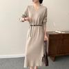 Vestido de Punto de Terciopelo Andy con Cuello en V, Manga Larga para Mujer, Color Sólido, Versátil, Cintura Alta, Abertura, Longitud Media, Novedad Otoño e Invierno