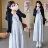 Vestido Camisola de Férias Estilo Coreano com Cinto Xadrez + Cardigã de Tricô Vestido de Maternidade Novo Primavera/Verão 2026