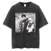 [Lavagem Transfronteiriça] Camiseta Grande Estampada Plana de Anime para Casal Preto Lavado Roupa de Rua Harajuku Hip-Hop