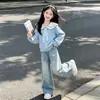 Conjunto de dos piezas para niña de estilo coreano dulce y preppy: sudadera con cuello azul marino y pantalones vaqueros casuales a la moda, para primavera y otoño