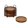 Juego de Posavasos Redondos Retro de Madera Maciza con Soporte de Almacenamiento de Hierro Negro, Hecho de una Pieza Entera de Madera, Impermeable, Aislante Térmico y Resistente a Quemaduras