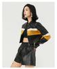 Jaqueta de Couro PU Color Block Sexy Estilo Europeu e Americano Feita Sob Medida Transfronteiriça com Gola Alta, Caimento Slim, Jaqueta de Couro Biker Curta para Mulheres