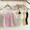 Nuevo diseño de camisola con copas para mujer, estilo puro y seductor de verano, top sin mangas de encaje ajustado fruncido