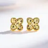 Aretes de Hielo Triturado CNC Trébol de Cuatro Hojas Unisex Chapado en Oro de 24K Aguja de Plata Modelo Sencillo Popular Venta Directa de Fábrica