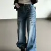 Pantalones Vaqueros de Pierna Ancha con Remaches Estilo Retro Americano Transfronterizos para Mujer Chica Picante Diseño de Calle Alta Sueltos Casual Adelgazantes de Pierna Recta Hombres