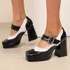 Novas cores combinando sapatos Mary Jane de bico quadrado em couro patenteado de salto alto com sola grossa 33-43 tamanho grande WISH sapatos de comércio exterior