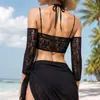 El nuevo sexy encubrimiento de playa bikini SHEIN con diseño hueco estilo europeo y americano, top de malla de pesca de manga larga sin hombros está en stock